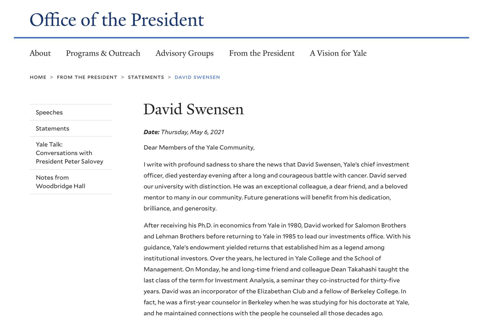 投资大师,耶鲁大学首席投资官大卫·斯文森病逝,享年67岁