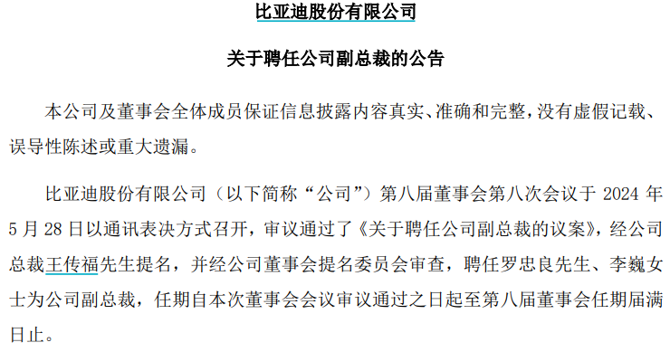 罗忠良,李巍获聘为比亚迪副总裁