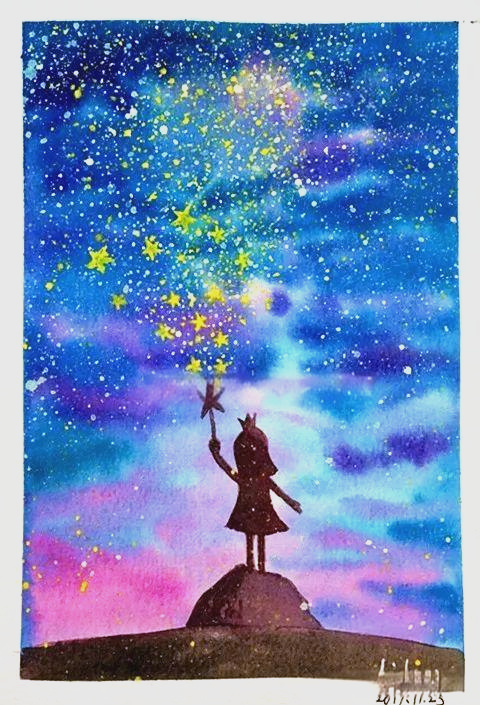 小清新水彩星空绘画教程《挥着魔法棒的女孩》