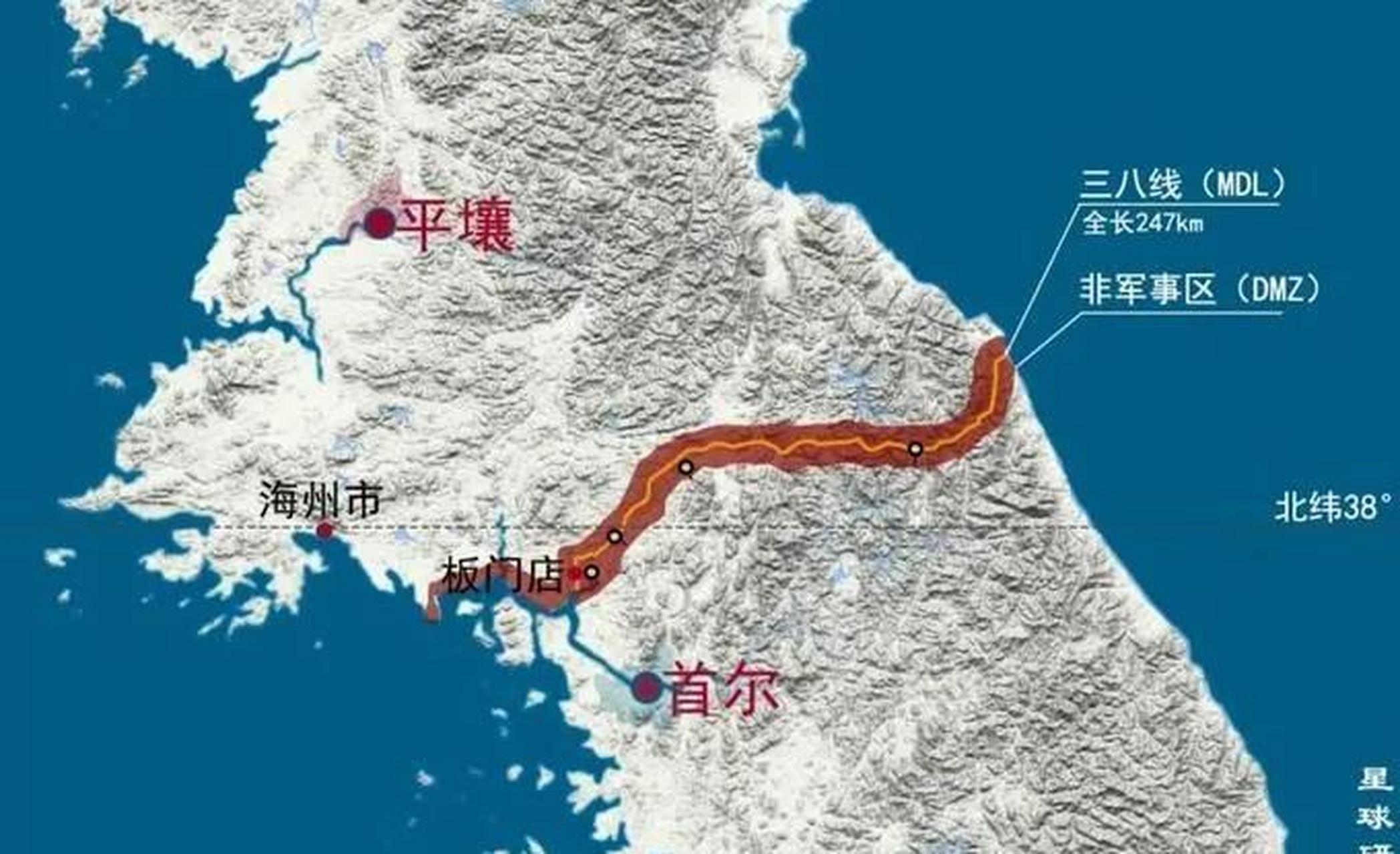 翻开朝鲜地图就知道,三八线几乎是朝鲜半岛的中线,很醒目.