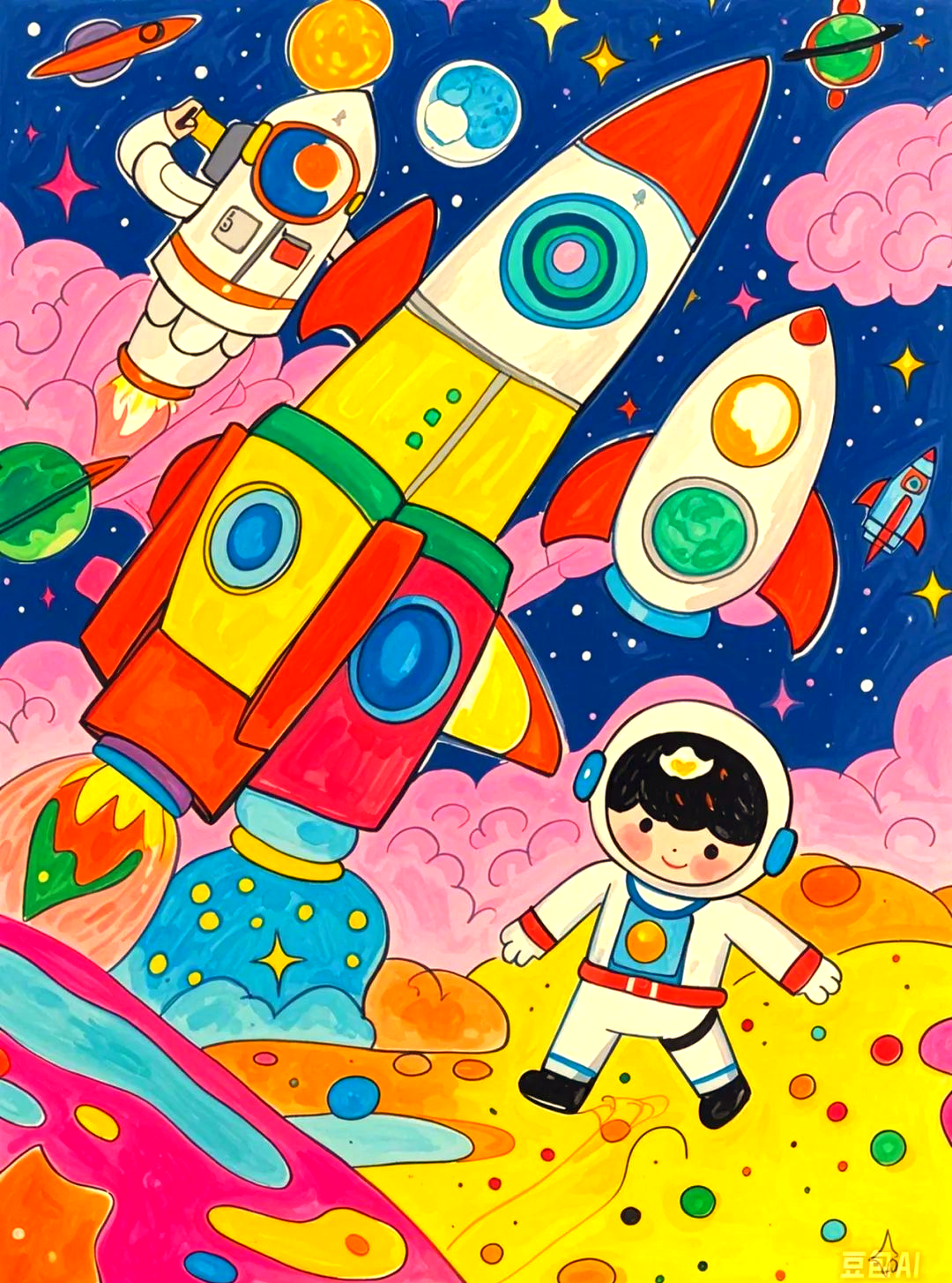 科幻系列创想绘画的多部作品,富有想象力,适合幼儿及小学绘画参考