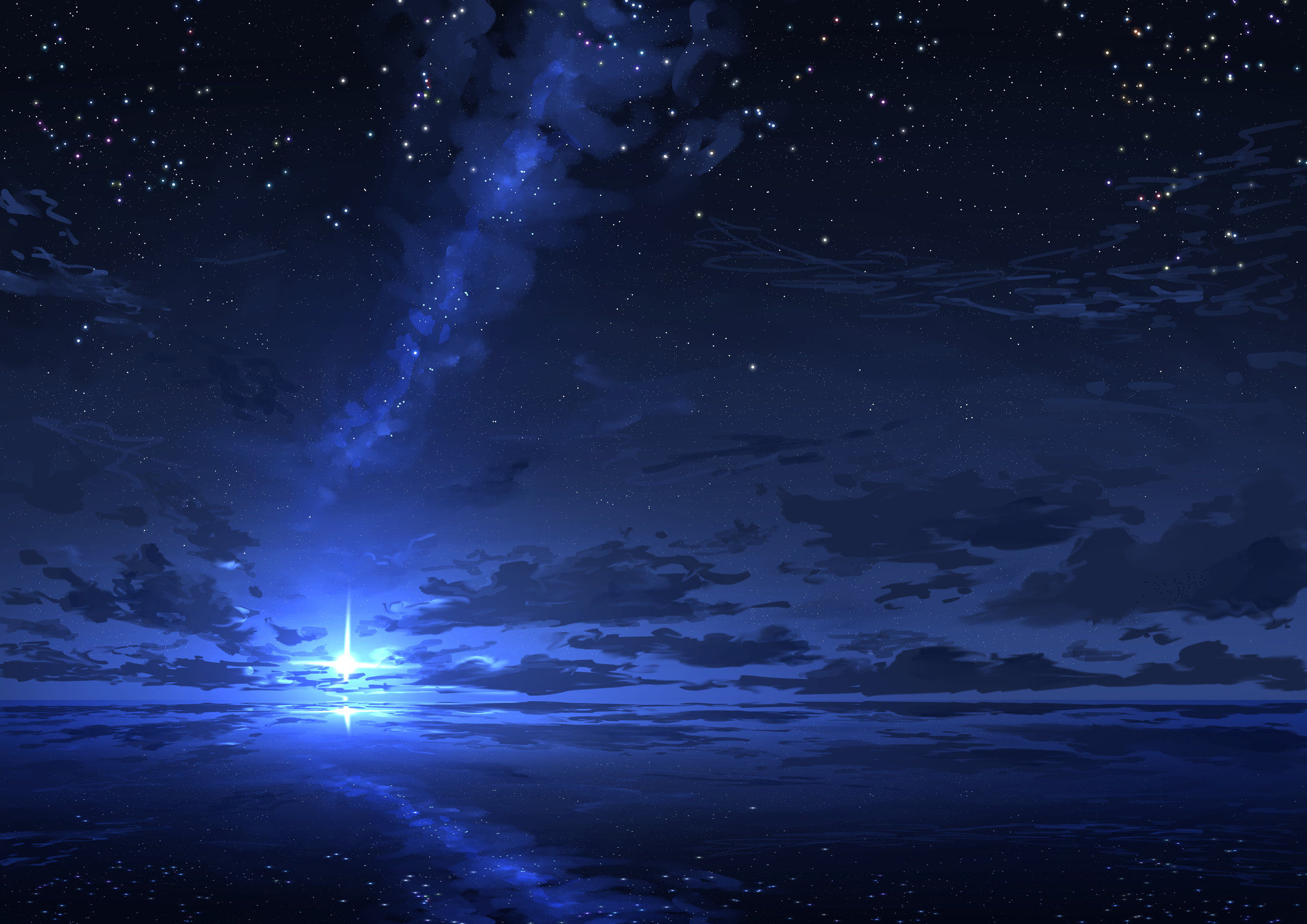 画师「ミツカサ」作品欣赏:变幻莫测,纯净蔚蓝的唯美天空风景插画