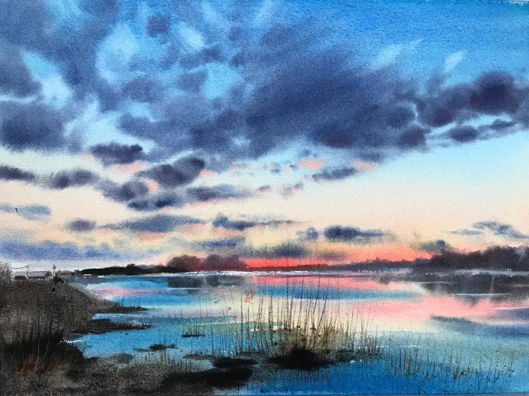 水彩|水彩风景 水天一色 天空 水面的刻画 艺术家Марина рож