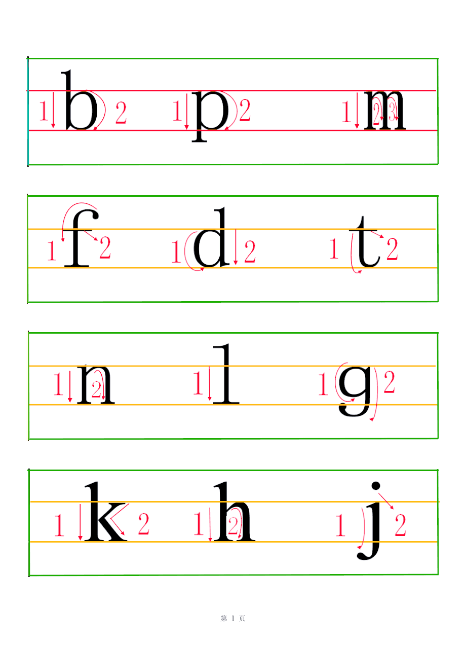 在书写时,首先要正确认识四线格,明确每个拼音字母应该写在哪个格子里