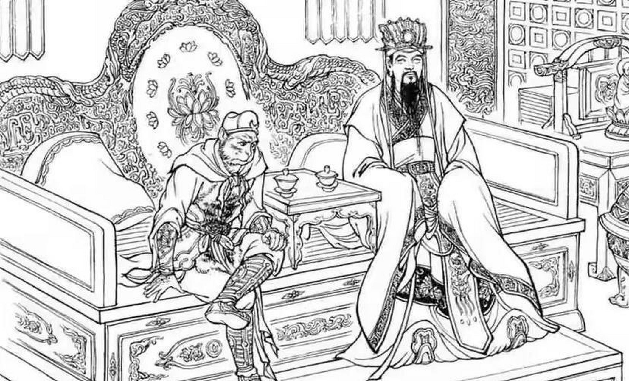 这幅图说明了东华帝君在仙界的地位,孙悟空跷着二郎腿,而东华帝君却正