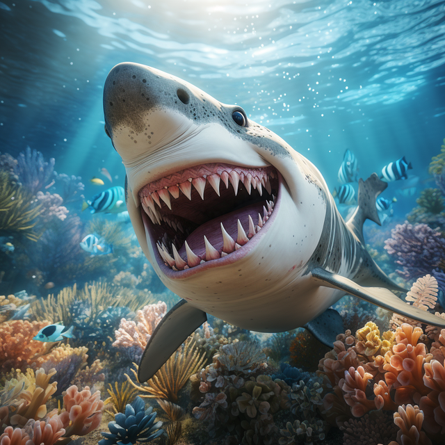 珊瑚和鱼围绕着微笑的鲨鱼