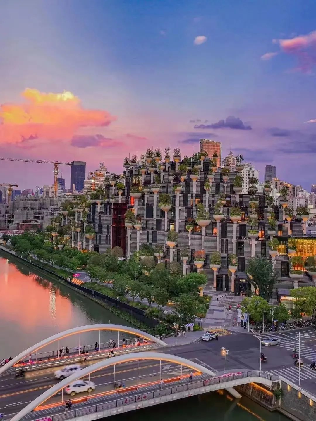 建筑以黄山为灵感,高低错落地分布着阶梯式景观露台和种满植物的立柱