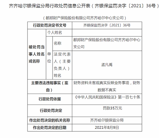 都邦财险齐齐哈尔中支被罚35万 财务数据不真实