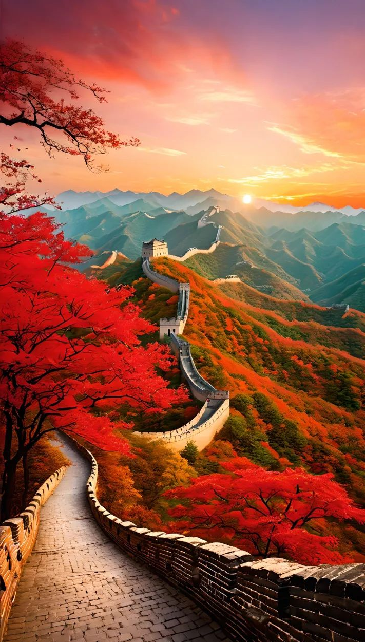 红枫满山,远眺长城,尽享自然之美!