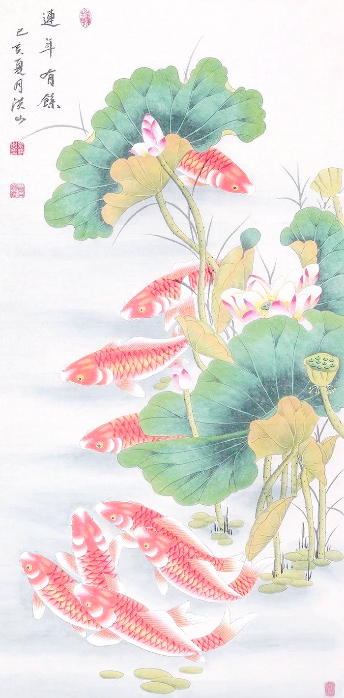 玄关挂画新选择:荷花鲤鱼九鱼图,寓意吉祥,聚财旺运
