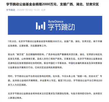 字节跳动公益基金会捐赠2000万元：支援广西、湖北、甘肃灾区