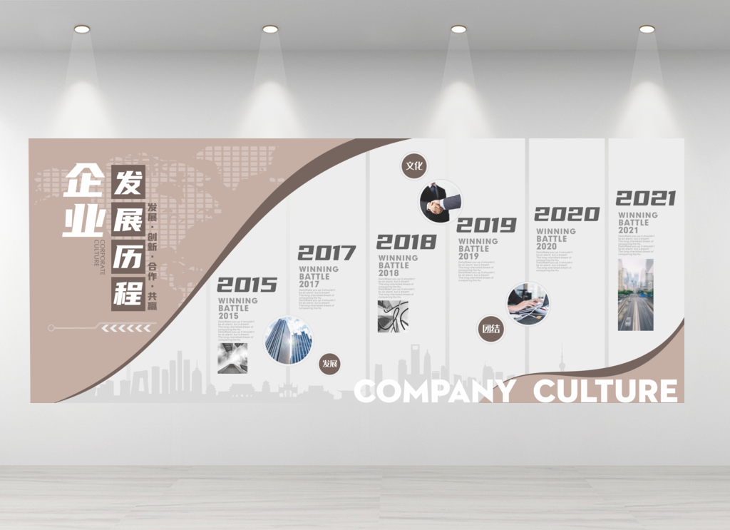 企业公司发展历程世界地图棕色背景展示墙形象墙