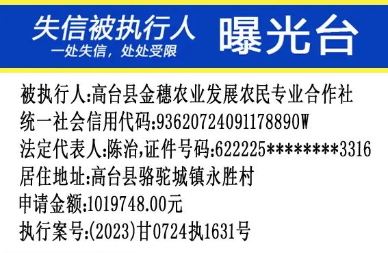 高台县人民法院公布失信被执行人名单公告