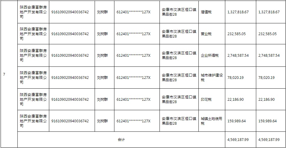 国家税务总局安康市税务局 2020年第四季度欠税公告