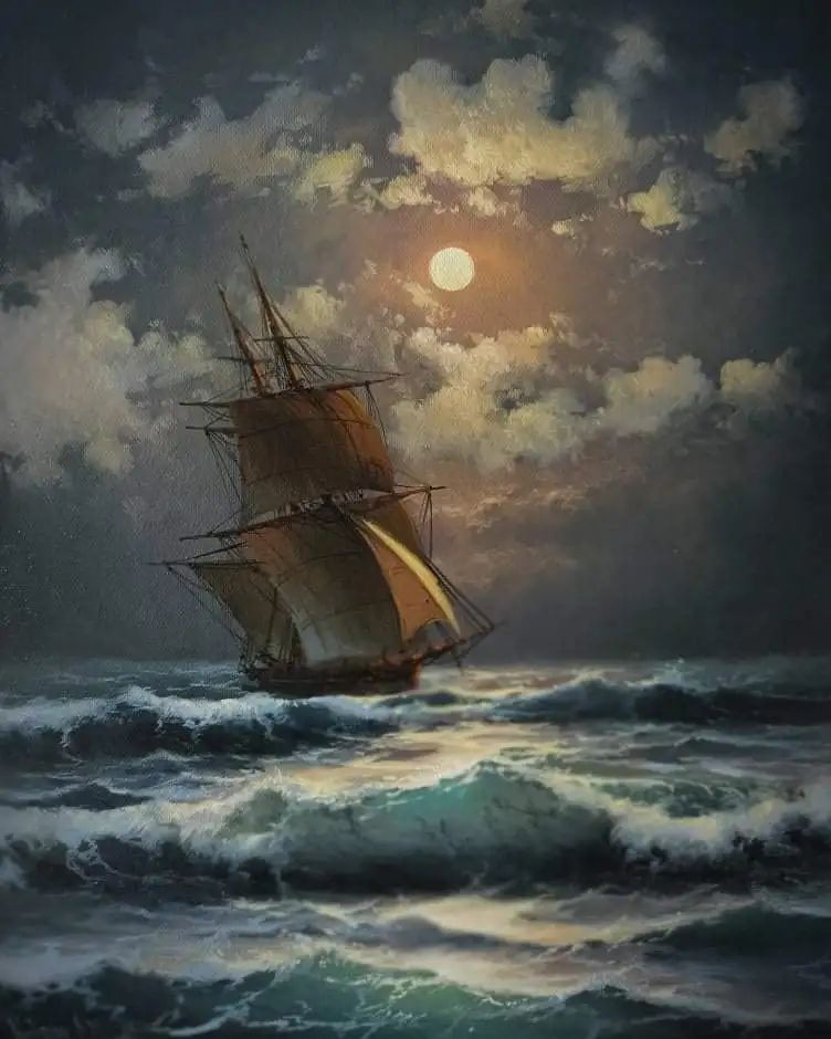 油画|质感油画 海水的刻画 夕阳西下