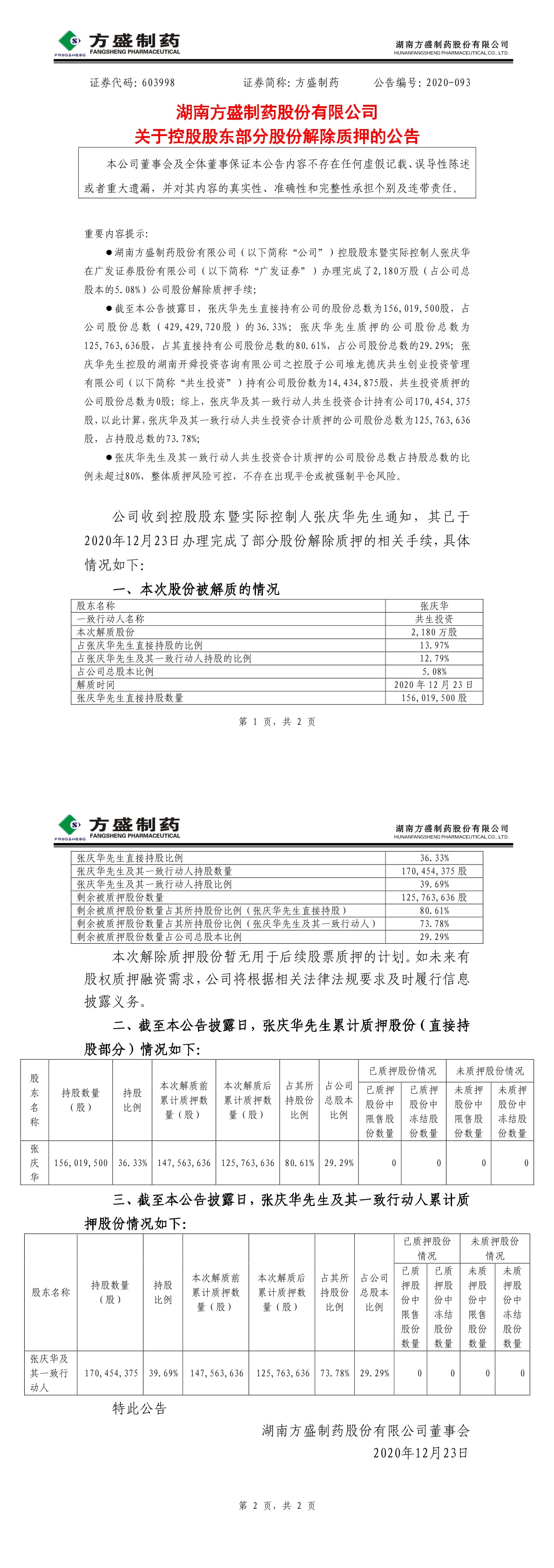 方盛製藥關於控股股東部分股份解除質押的公告