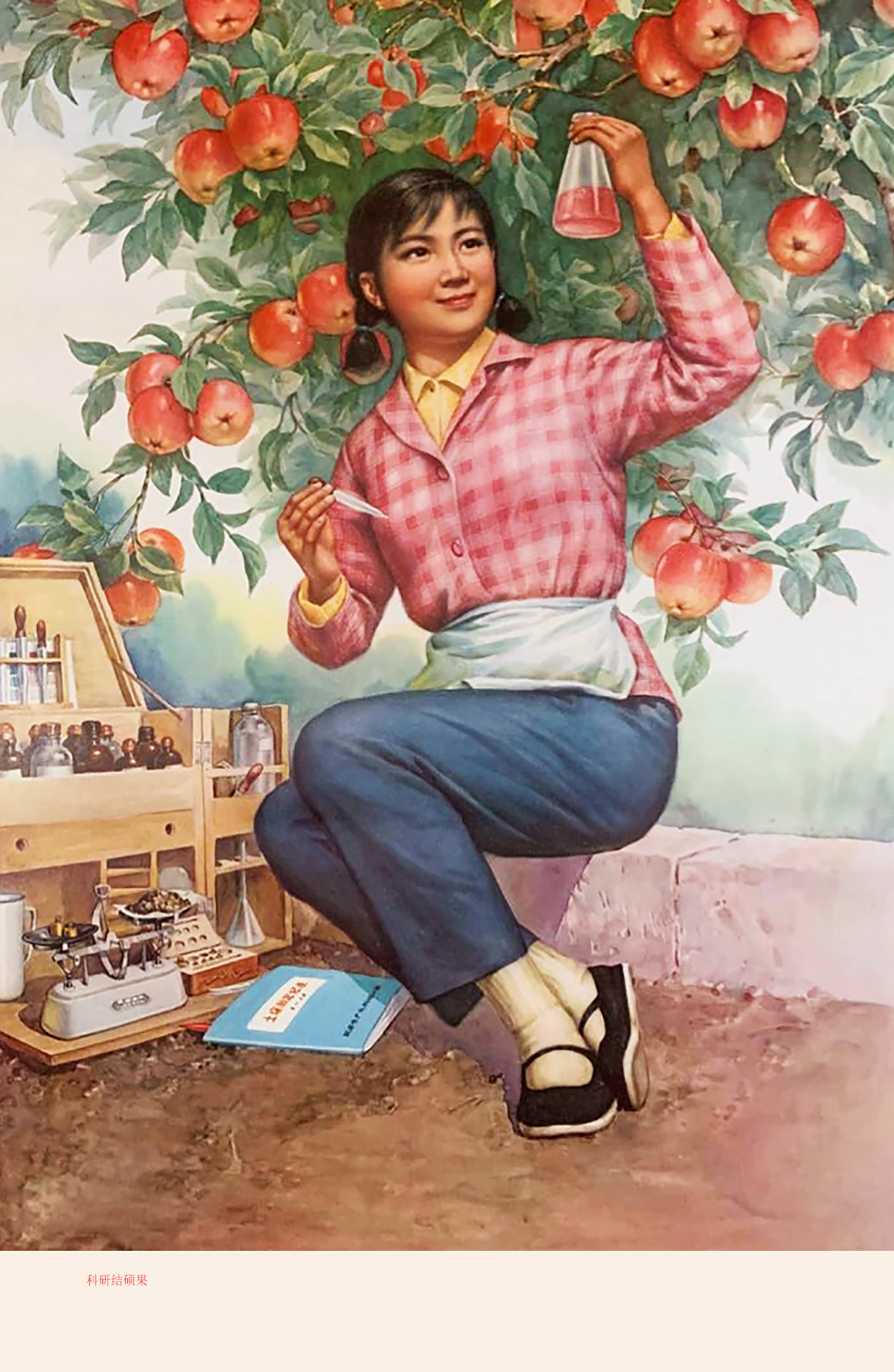 解读,赏析:这幅年画作品的标题为《科研结硕果》,由画家庞卡创作,1979
