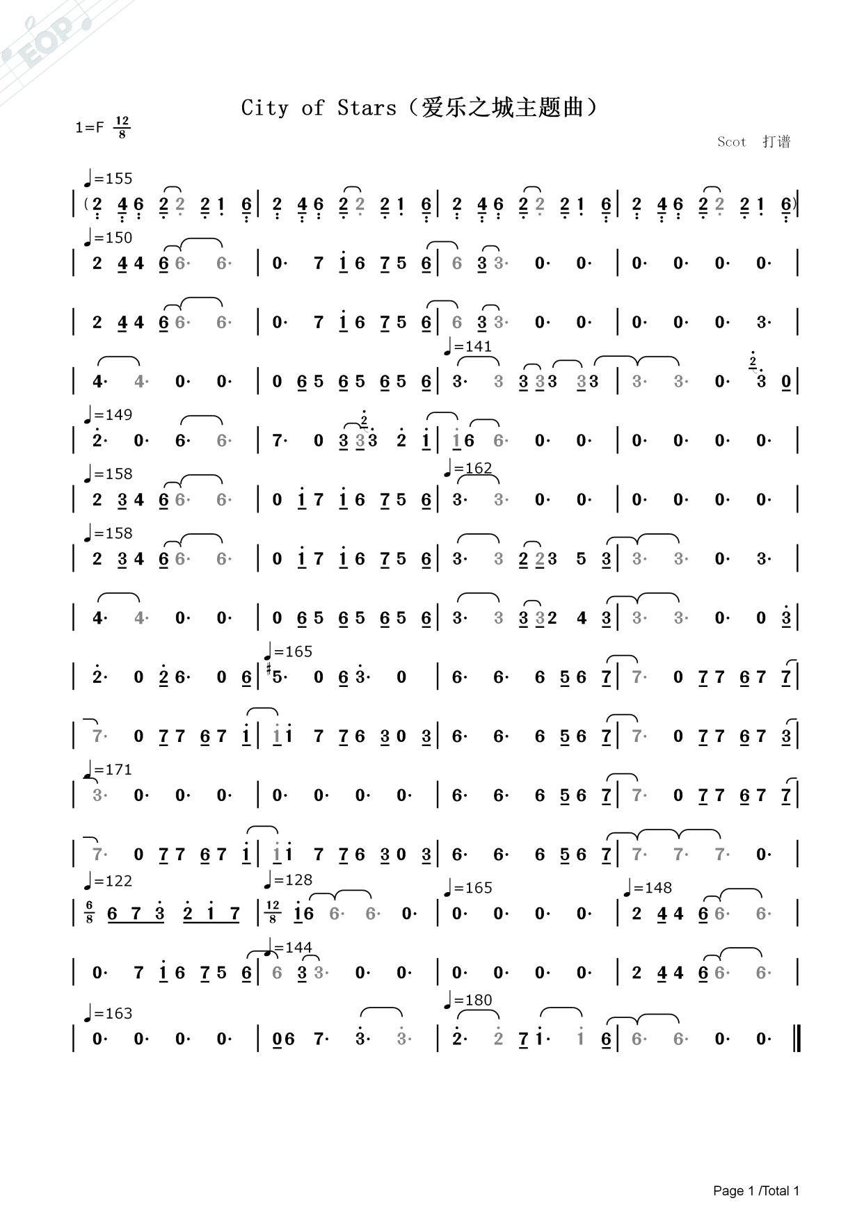 city of stars(爱乐之城主题曲)——动态简谱