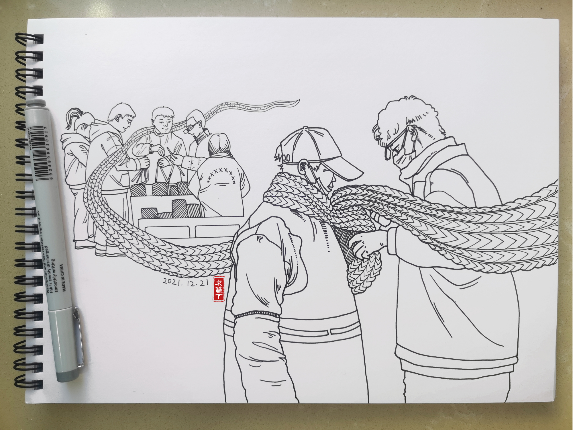 「挑战365天正能量速写画」第021期:大学生志愿者为环卫工织围脖