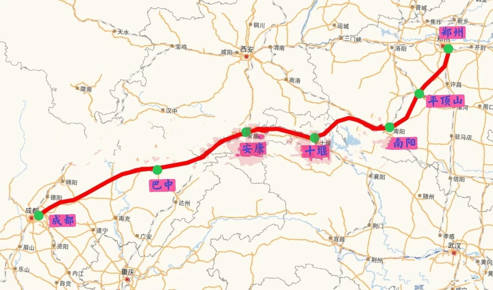 成都至郑州高铁规划路线图,途径巴中安康十堰南阳等地