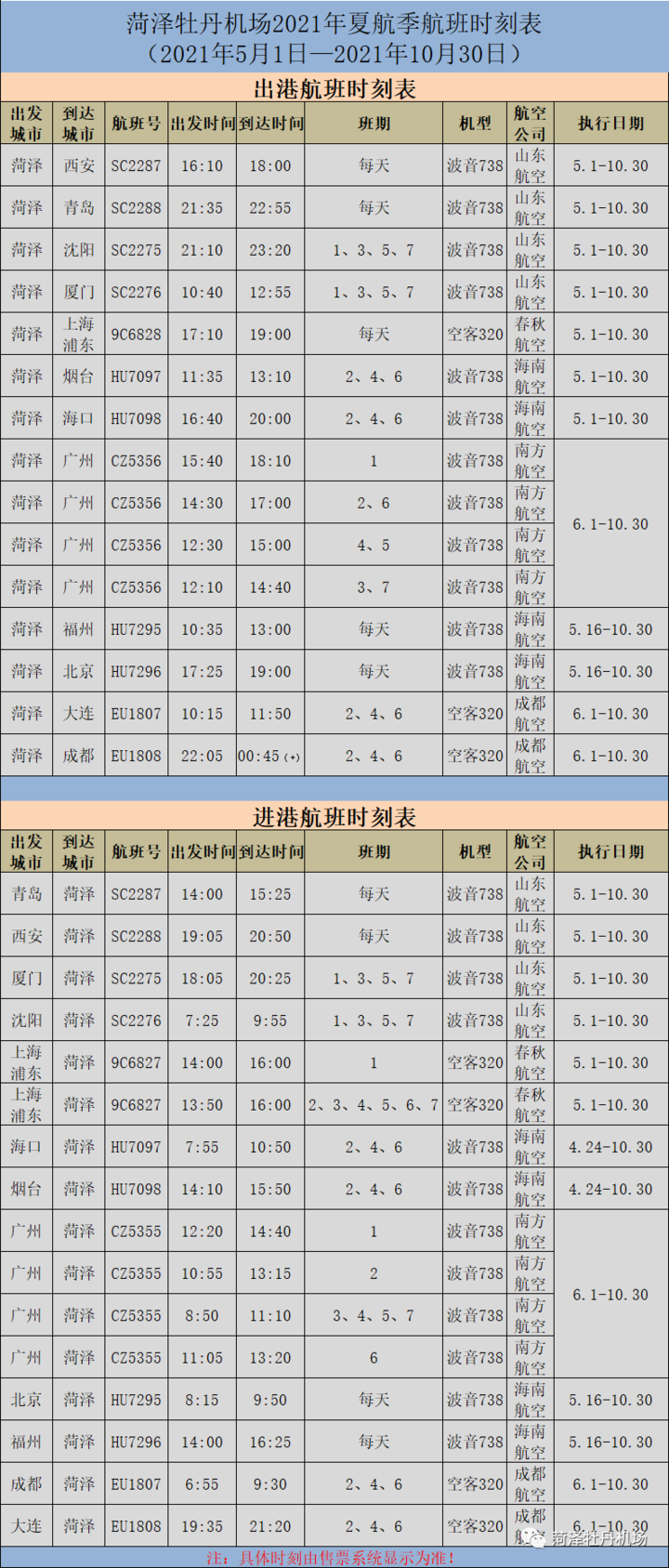 菏泽机场航班表图片