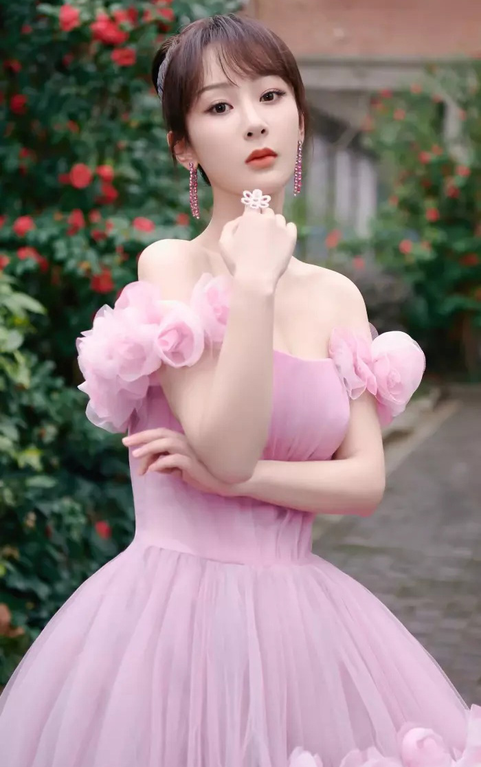 杨紫露肩樱花粉裙图片