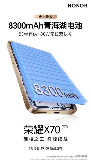 史上最大电池！荣耀X70内置8300mAh青海湖电池 支持80W有线+80W无线双快充