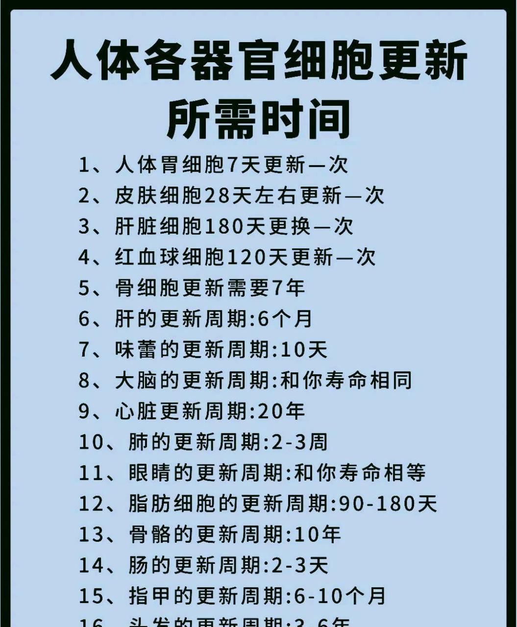 人体各器官细胞更新所需时间