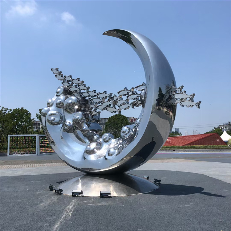 不锈钢镜面圆环雕塑镂空月亮雕塑户外发光喷雾景观摆件 河北韵特