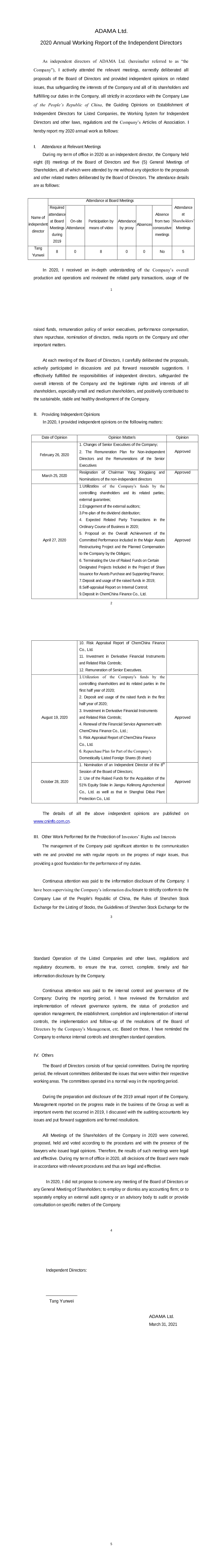 安道麦b:2020年度独立董事述职报告(汤云为)(英文版)