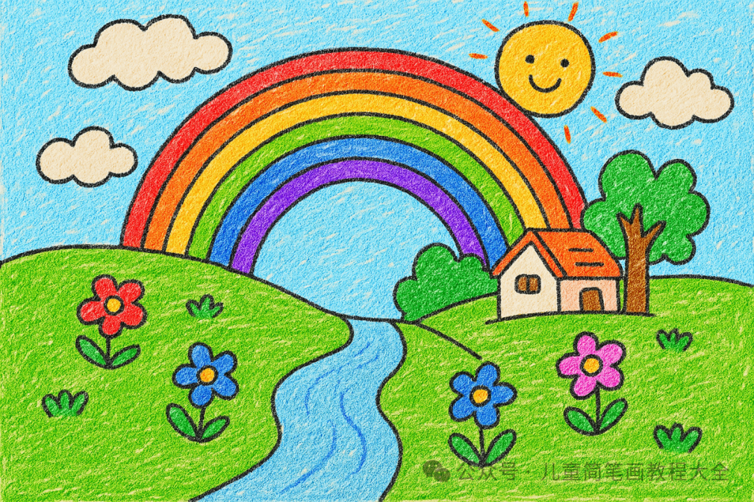 孩子入门小风景画推荐:小河,彩虹,笑脸太阳