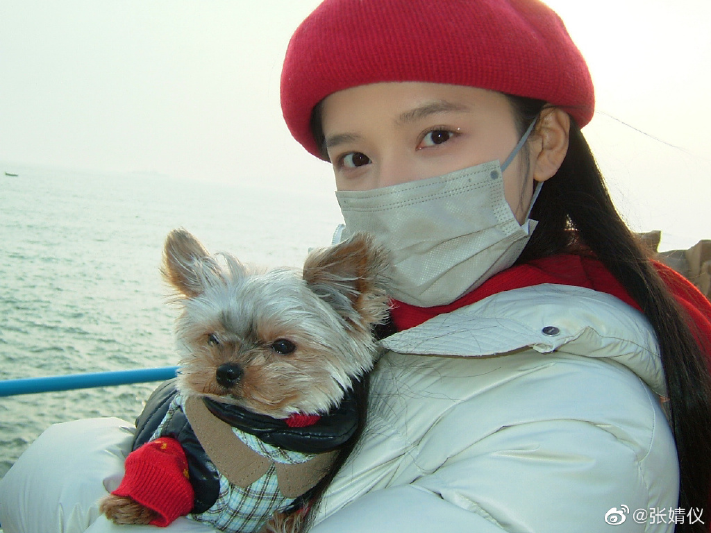 张婧仪头戴小红帽无惧怼脸拍 怀抱小狗合影童心满满