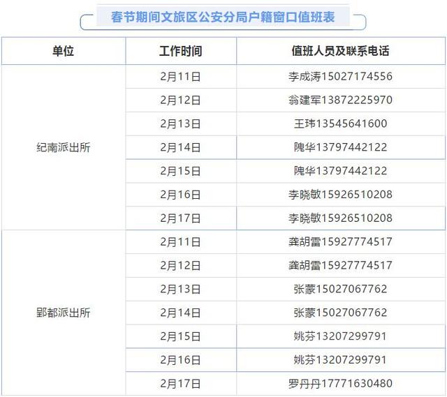 荆州公安户籍窗口值班表公布