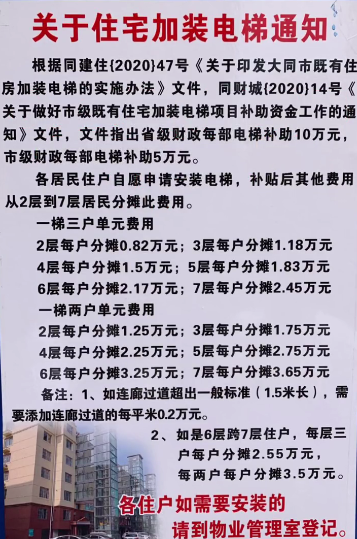 大同老旧小区安装电梯!最新价格公布