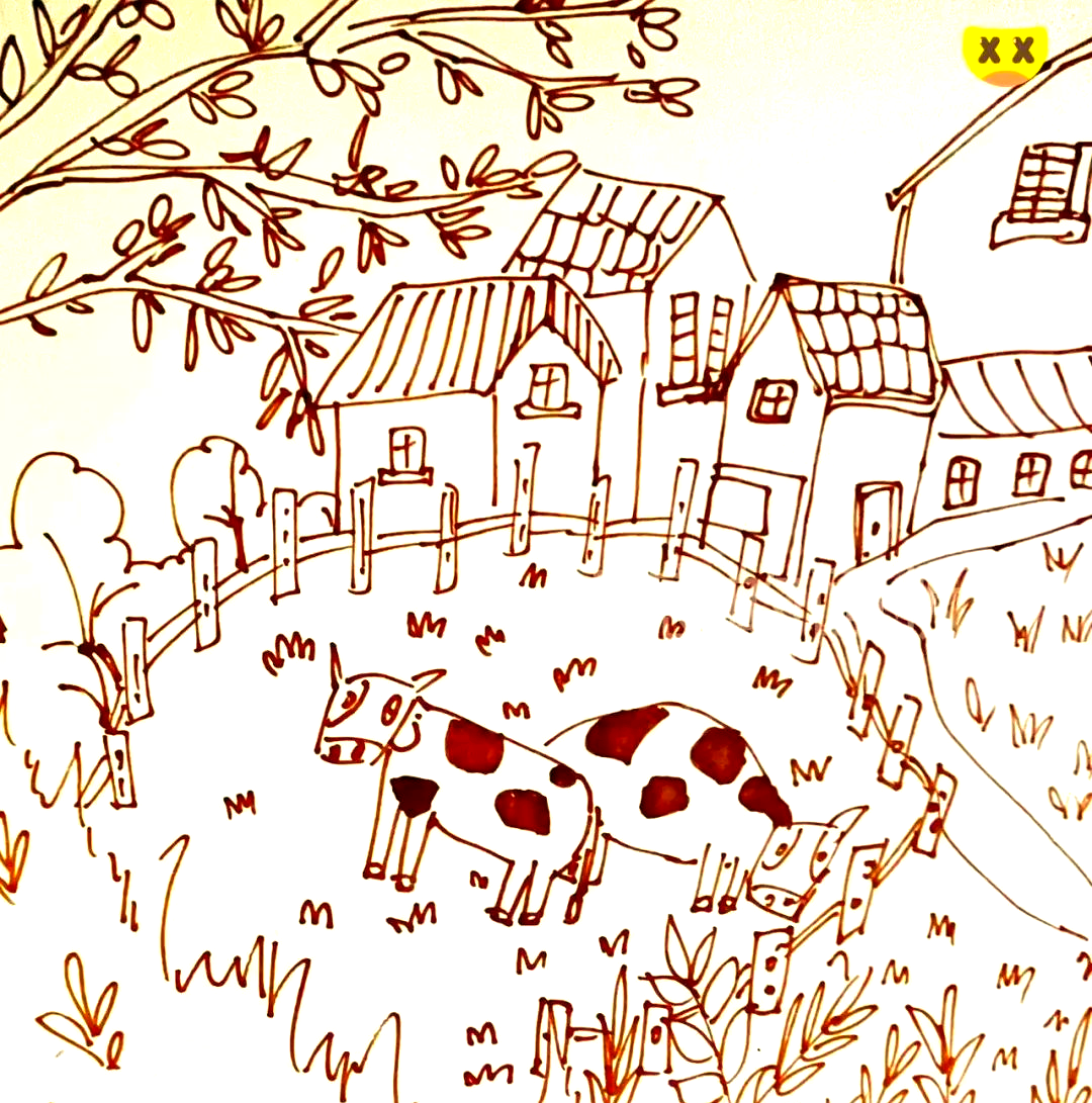 用马克笔和水彩画一幅宁静的农家小院