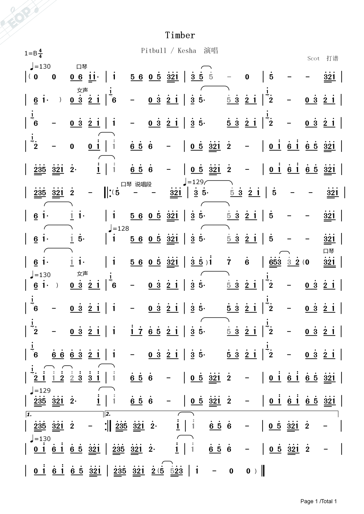 「嗨翻全场热门歌曲」timber——pitbull & kesha演唱——动态简谱