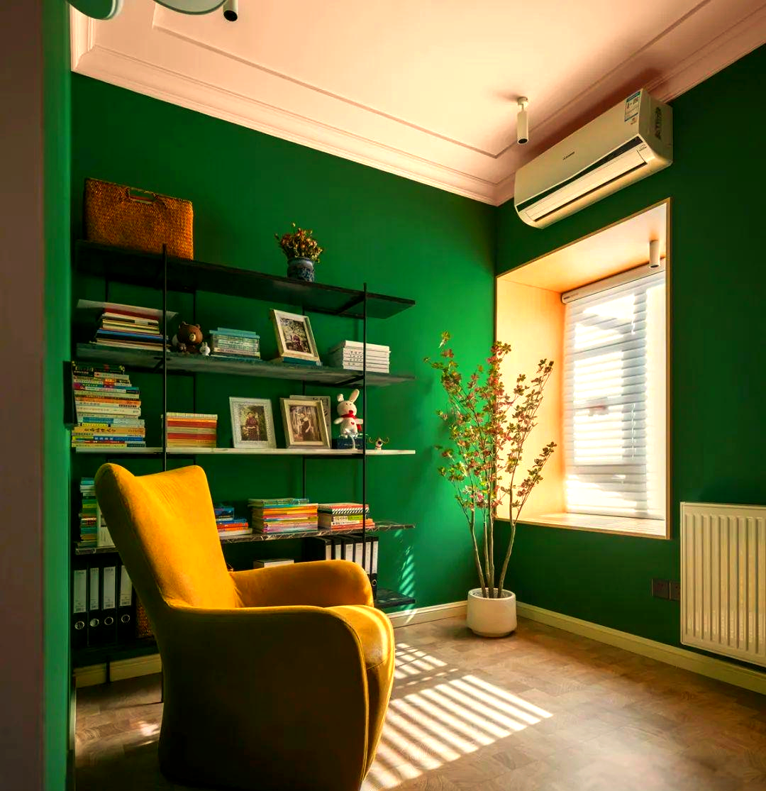 以优雅的墨绿色为主色调,辅以绿植点缀,打造出一个清新淡雅的书房环境