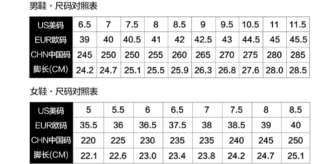 安踏鞋子尺码对照表
