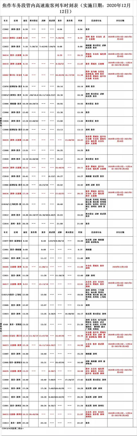 焦作西列车班次时刻表图片