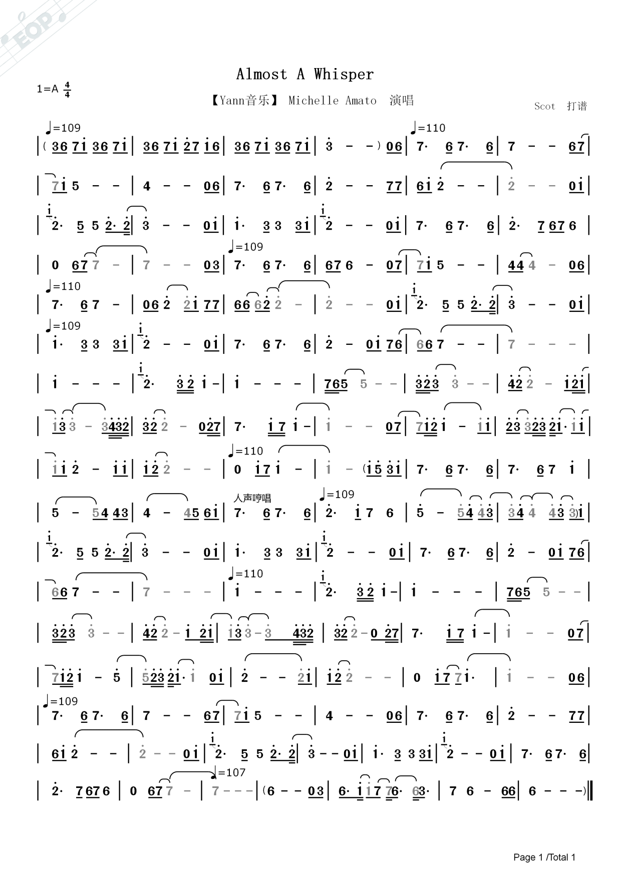 「雅尼音乐」almost a whisper_ michelle amato演唱——动态简谱