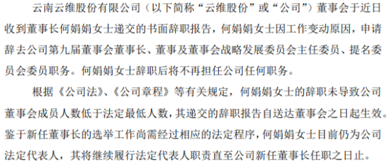 云维股份董事长何娟娟辞职 第三季度公司净利656.88万