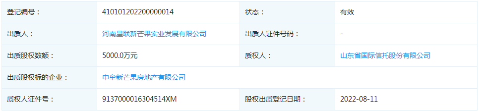 河南星联新芒果实业发展有限公司出质5000万元股权