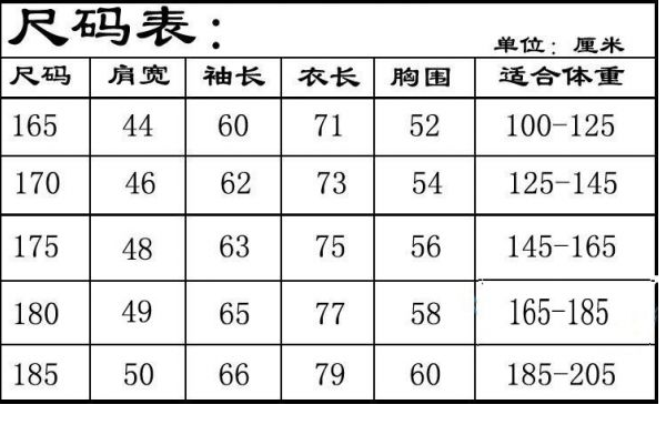 男士185对应尺码图片