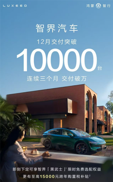 华为再造爆款！智界汽车12月交付破1万台 已连续3月过万辆大关