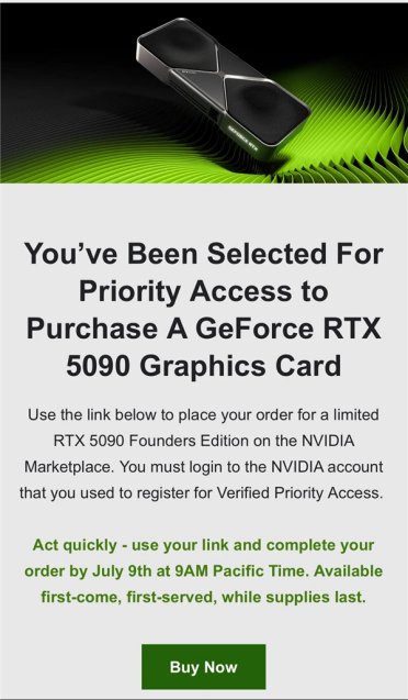 RTX 5090原价购买成真！NVIDIA发放新一轮优先资格