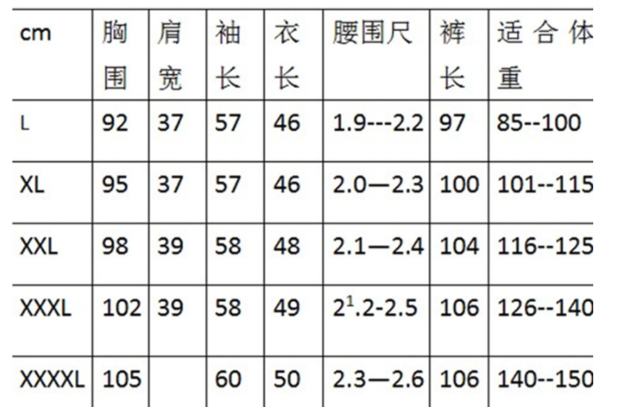 军训服装尺码对照表cm