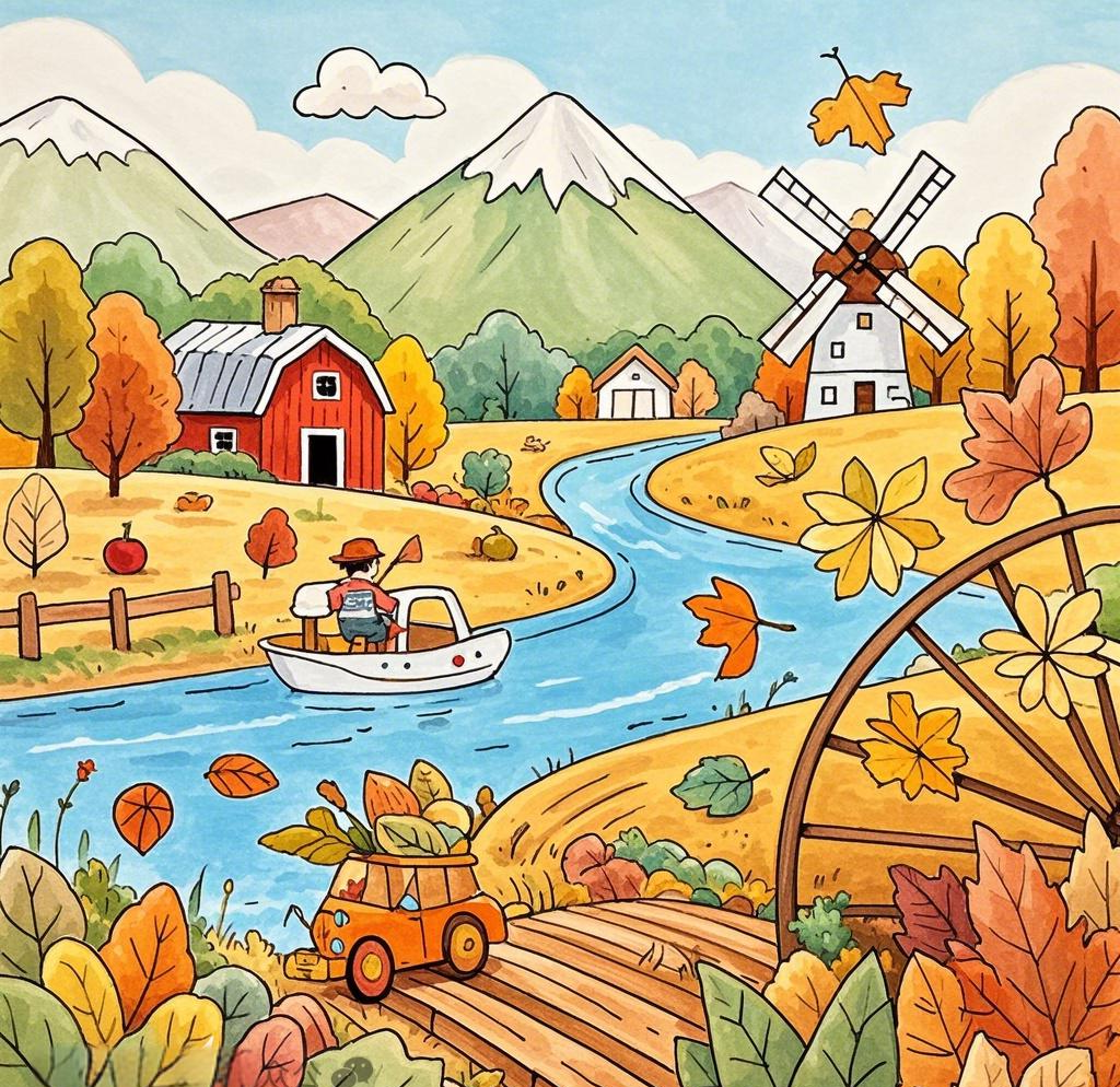 秋日风景儿童画:多种颜料绘制,创意构图点亮童梦时光