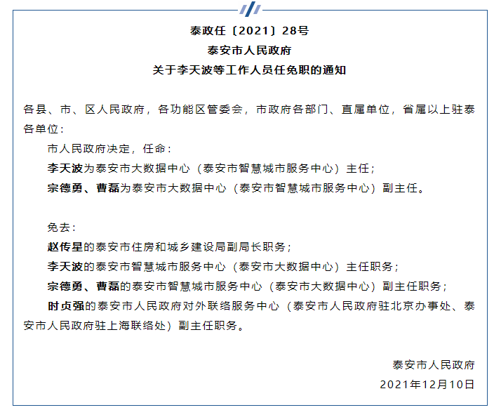 泰安市人民政府关于李天波等工作人员任免职的通知