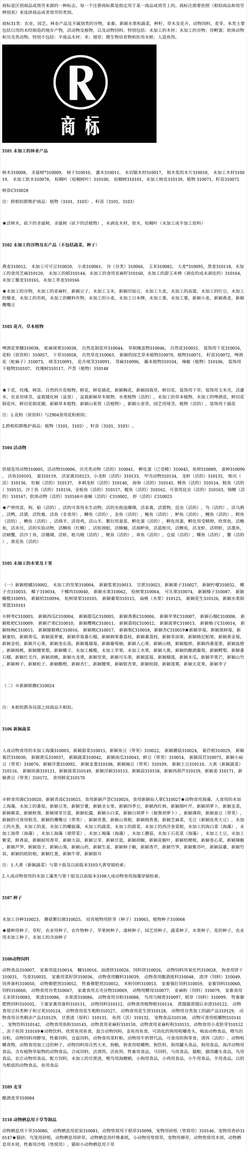 45类商标中商标第31类明细有哪些?