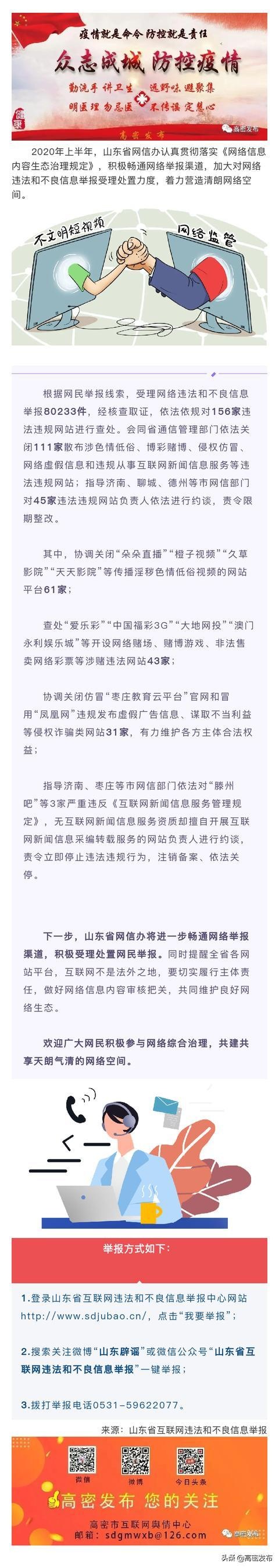 上半年山东省网信办依法查处违法违规网站156家(附举报方式)